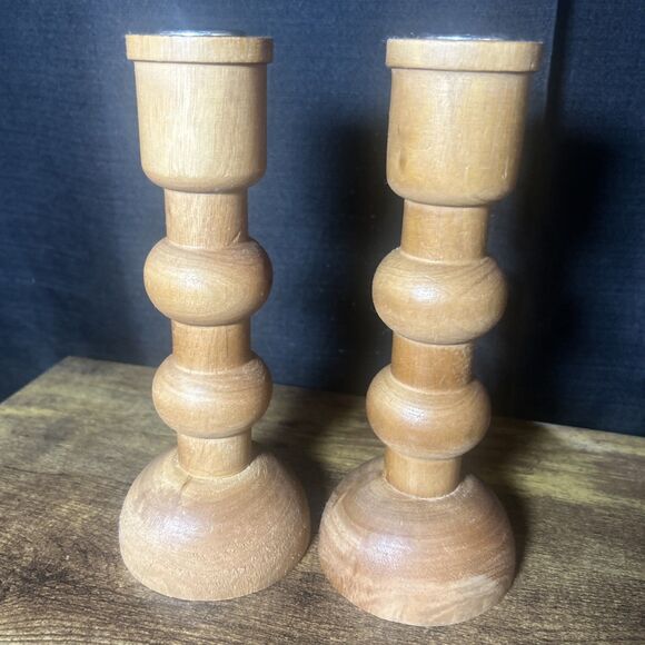 Wood Candlestick Holders Set of 2- 8” Natural Farmhouse Rustic Rounded Design - Picture 7 of 11